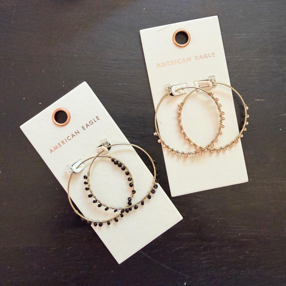 American Eagle Outfitters AEO Gold Beaded Hoop Earrings Black Pearl Set 2 Pair